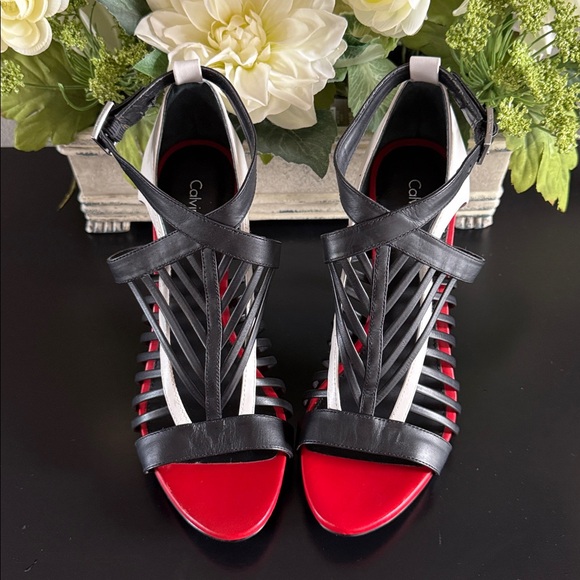 Calvin Klein Nadia Black, White, and Red Strappy Heels - Picture 7 of 14